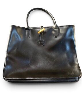Longchamp Vintage Black Leather Tote Bag Large Bamboo Toggle Shoulder Bag